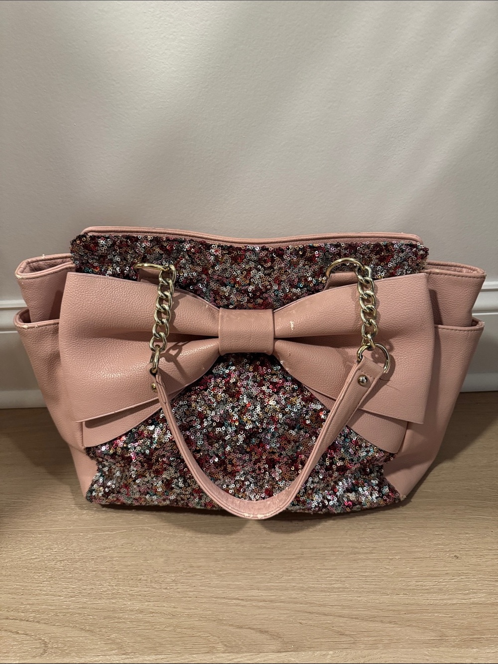 Betsey Johnson Pink Sequin Bow-Front Tote Bag with Chain Handles
